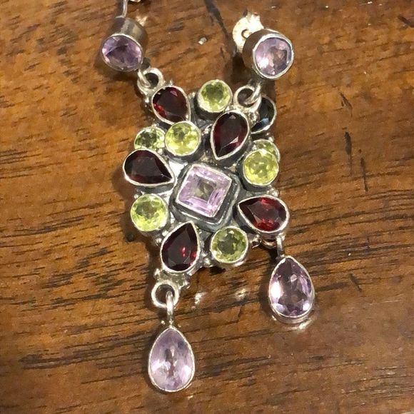Garnet Peridot Amethyst Sterling Silver Drop Dangle Faceted Earrings - Picture 8 of 8